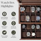 TAWBURY 24 Slot Watch Box for Men - Extra Large Watch Case with Double-Layer Design for Optimized Storage | Removable Drawer for Easy Handling (Brown)