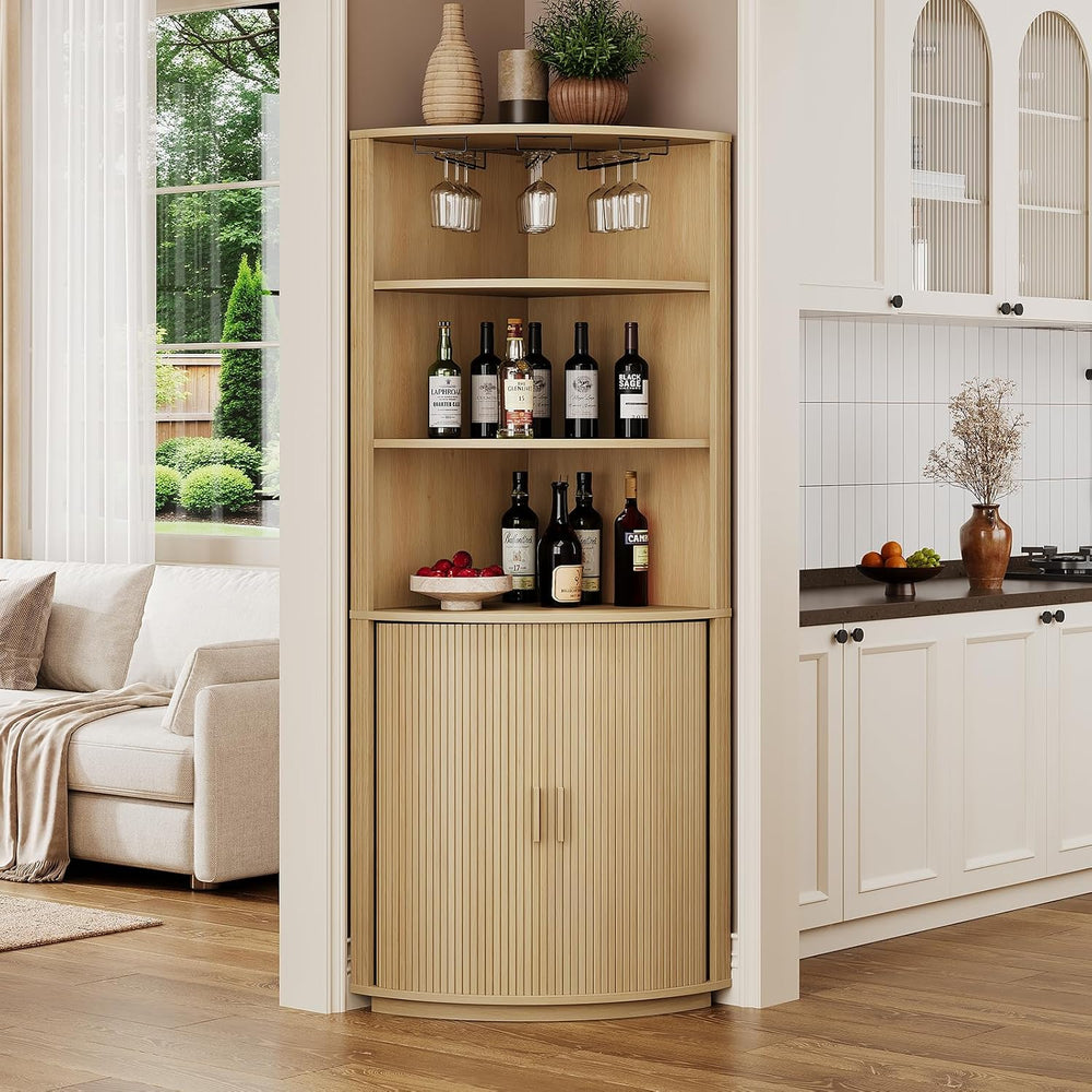 ONBRILL 72" Tall Corner Bar Cabinet with LED Light, Liquor Cabinets, Oak
