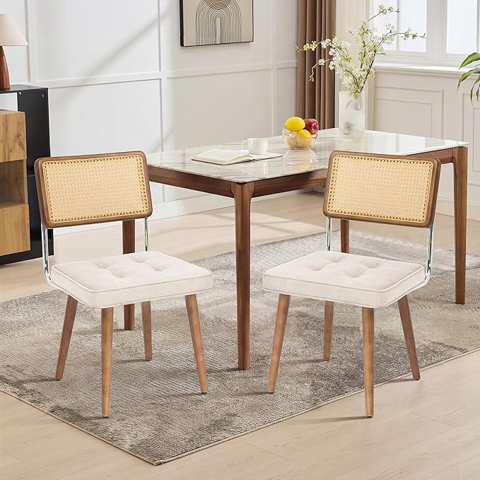 GarveeHome Natural Rattan Dining Chairs Set of 2, Linen Upholstered Kitchen Chairs with Tall Cane Backrest and Strong Wood Legs for Dining Room, Kitchen, Restaurant, Beige