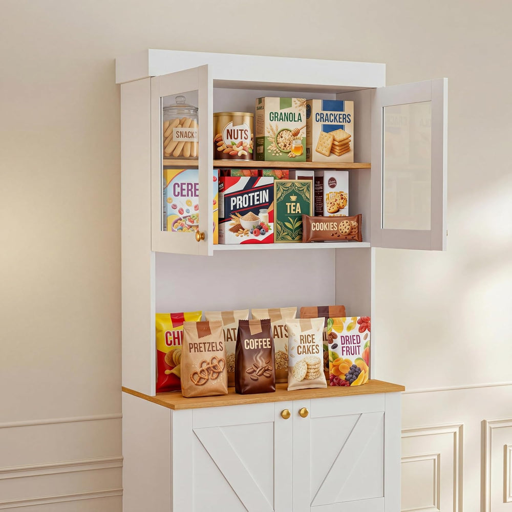 71" Farmhouse Kitchen Pantry Cabinet,Freestanding Storage Hutch with Gla...