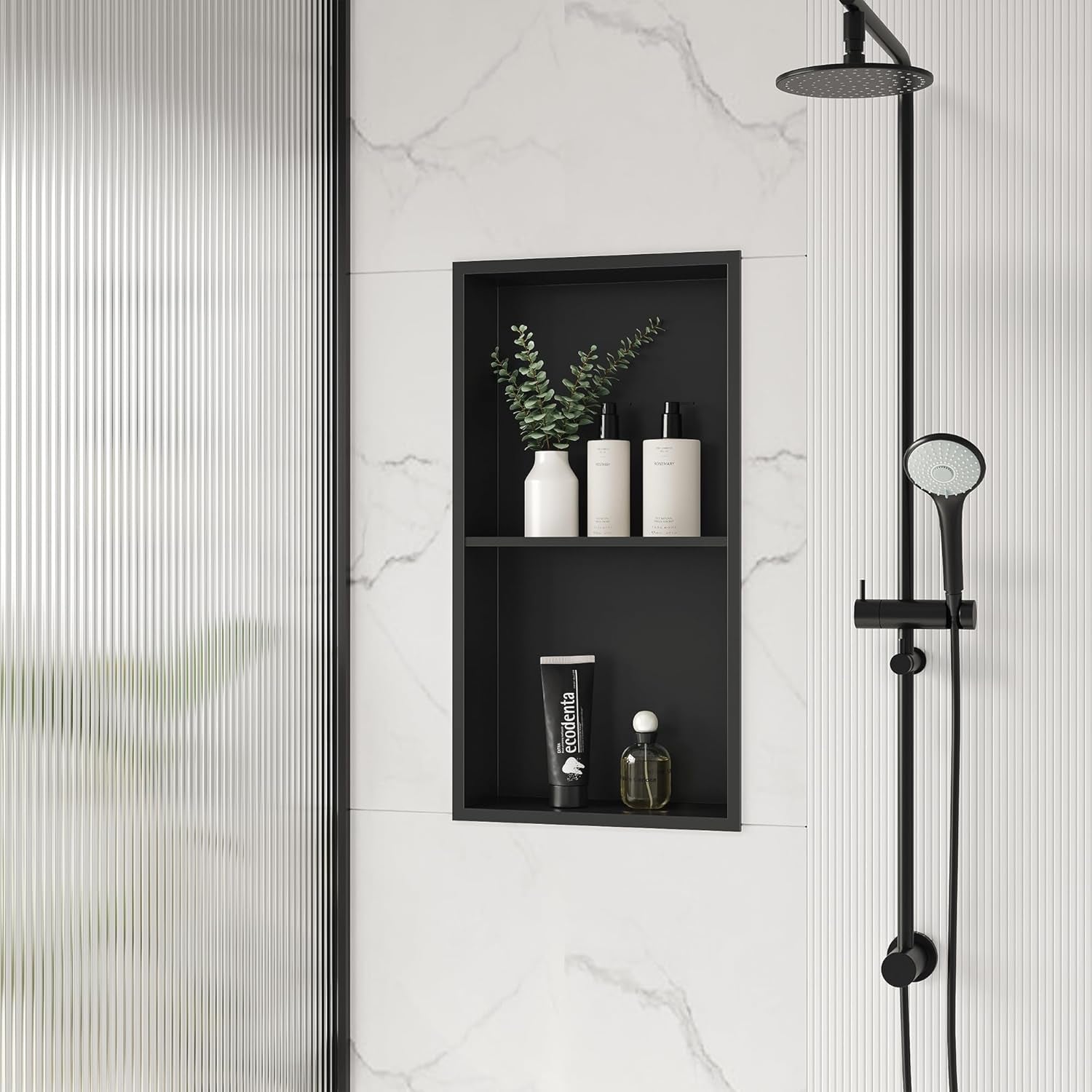 Stainless Steel Shower Niche 24" X 12", No Tile Needed Wall Niche Double Shelves, Recessed Shower Shelf for Bathroom Storage, Matte Black