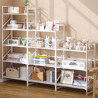 JSB No Assembly Folding Bookshelf, 5 Tier Industrial Metal Book Shelf for Storage, Vintage Wood Foldable Bookcase for Living Room, Bedroom, Office Organization Shelves