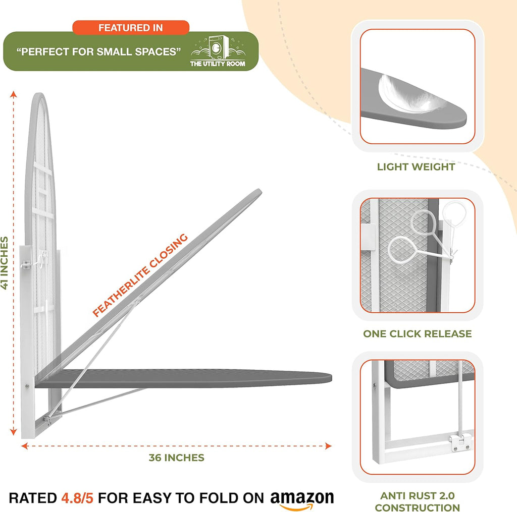 Xabitat Wall Mounted Ironing Board, 36.2" X 12.2" Compact Mount Fold Down Iron Board for Small Spaces, Space Saving with Cotton Fabric Cover, White and Grey