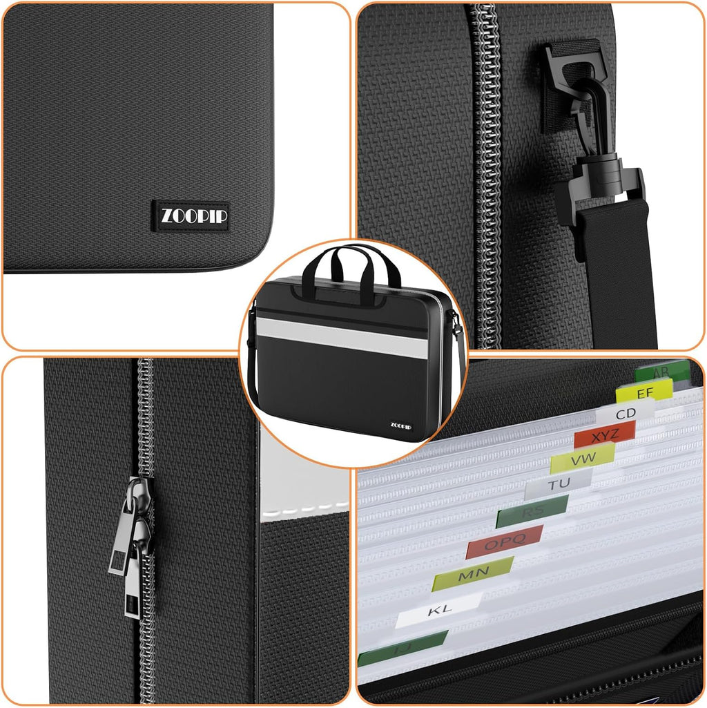 Accordion File Organizer with Lock,Fireproof Document Organizer Bag with Shoulder Strap,Large 13 Pocket Expanding File Folder,Portable Safe Storage for Letter/Legal Size-White Reflective Strip