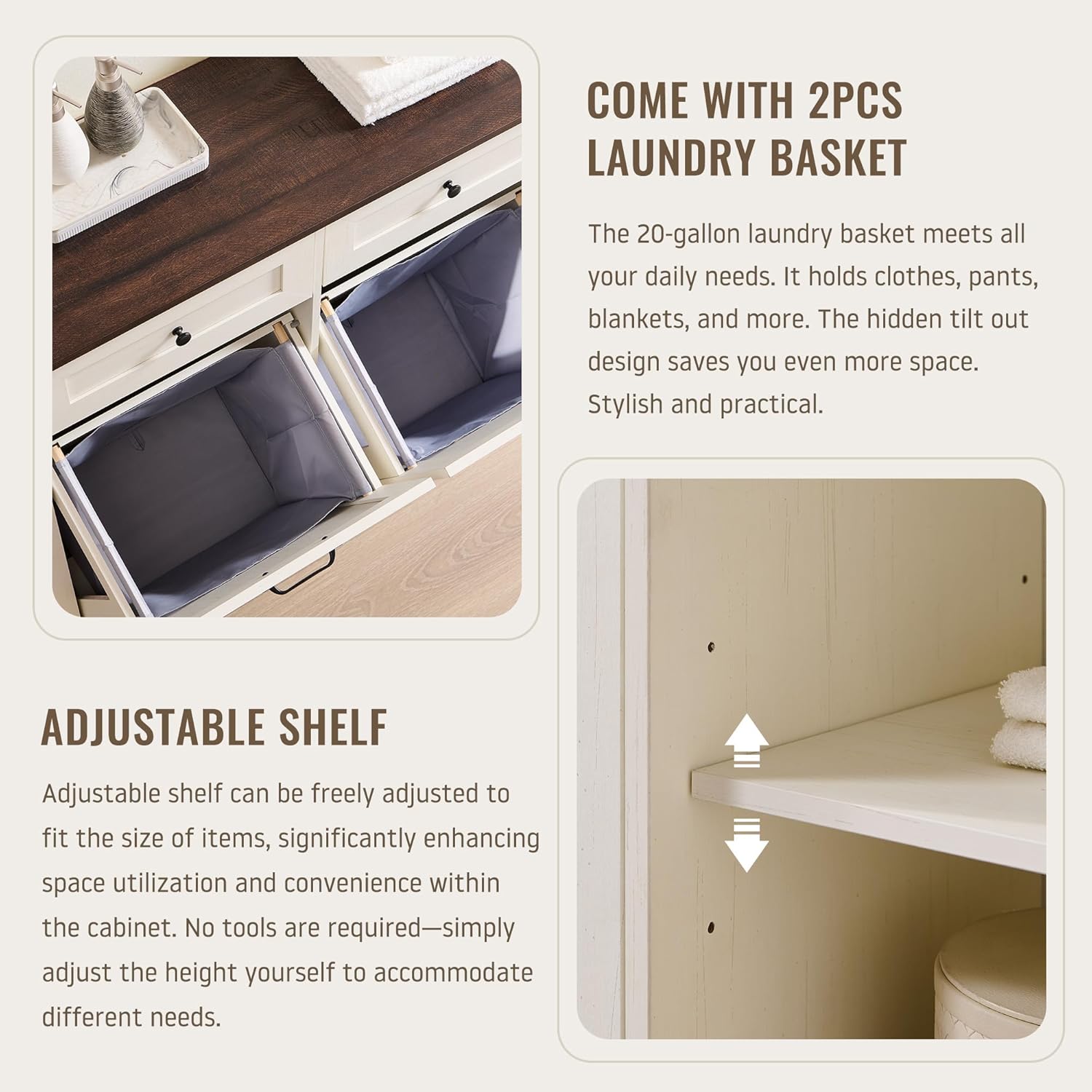 Triple Tilt Out Laundry Hamper Cabinet, 20 Gallon Farmhouse Trash Can Cabinet w/Drawer & Adjustable Shelf, Hidden Garbage Can Bin Cabinets w/Laundry Basket for Bathroom, Kitchen (Antique White)