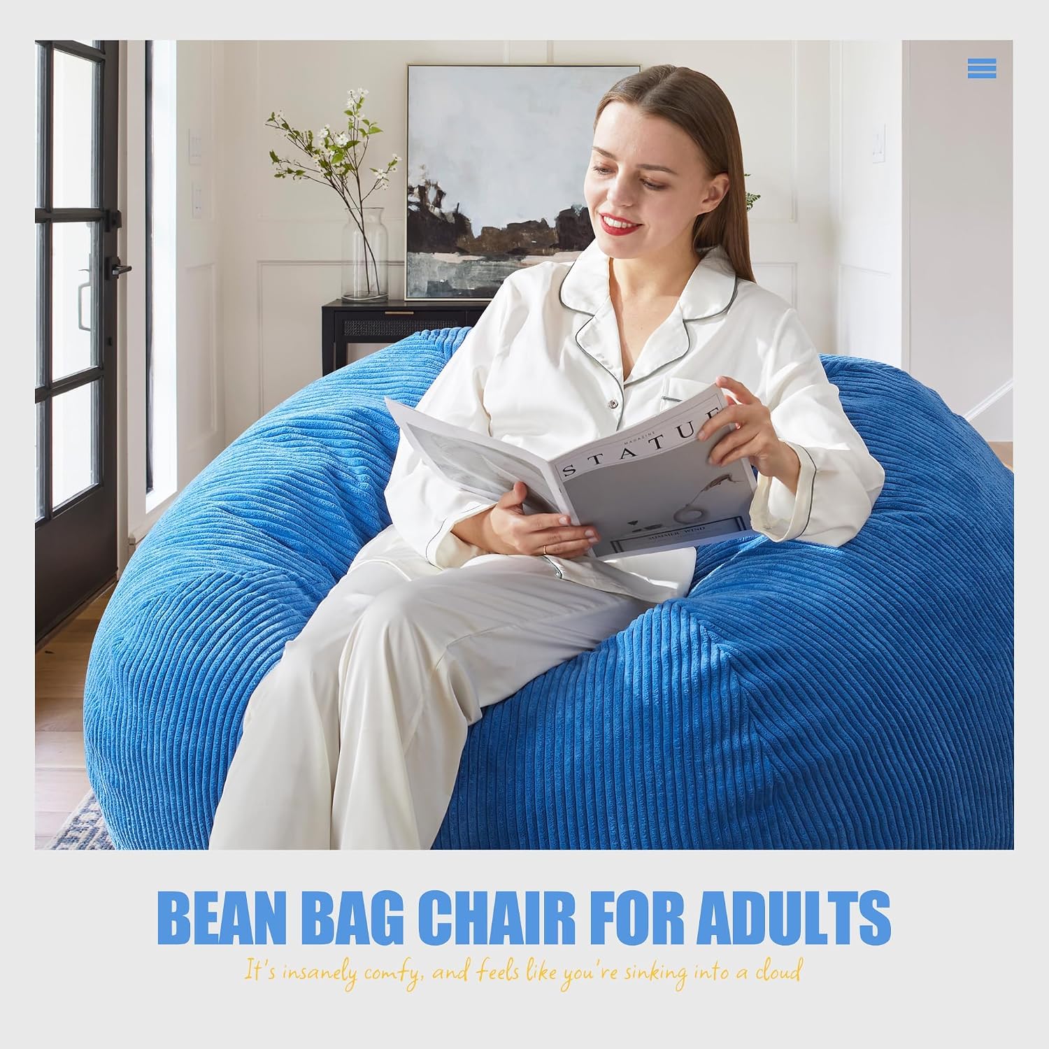 Hobestluk Adult Bean Bag Chair Teardrop Shape with Filling, 3.5FT Blue | Soft Fabric, Corduroy Cover, Removable and Washable, Memory Foam Filler, Portable Handle, Gaming, Relaxing, For Living Room