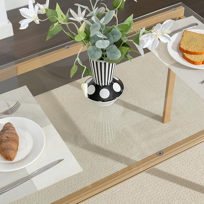 COSVALVE Boho 47 in Dining Table, Tempered Glass Tabletop with Rattan, Metal Legs, for Kitchen Dinner Living Room Reception