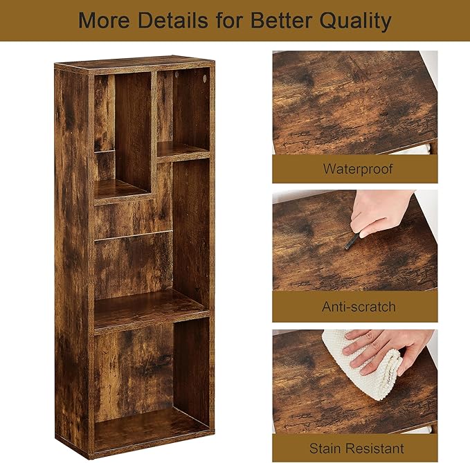 VECELO Small Bookshelf, 4 Cube Slim Bookcase, Fits Tallest Hardcovers, Horizontal Available, Modern Floor Standing Unit, Each Shelf Hold Up to 66 LBS, Vintage Brown