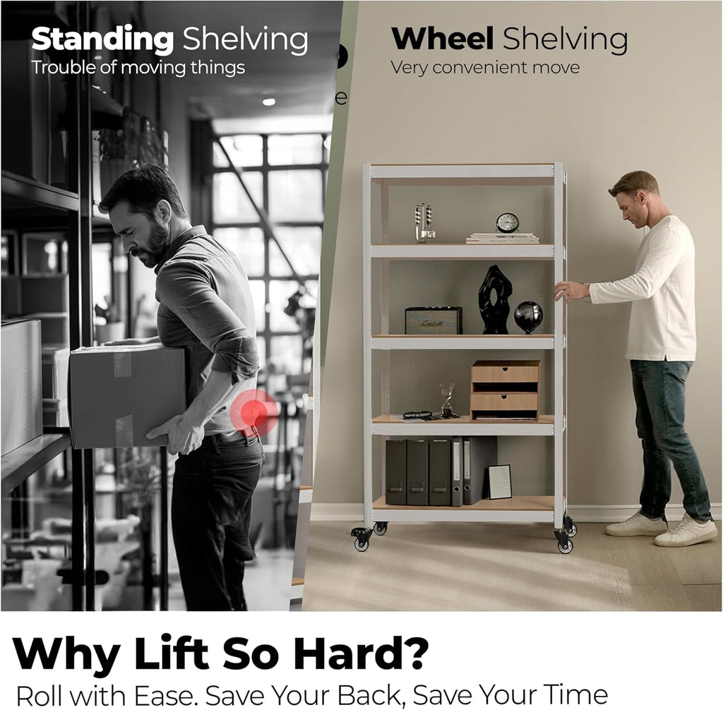 HOMEDANT House White 5-Tier Metal Boltless Rolling Cart Shelf Rack Casters Heavy Duty Wheel Shelving Unit Adjustable Storage Shelves Organizer Shelf Kitchen Garage 48.1" W x 18.5" D x 75.4" H 4Pack