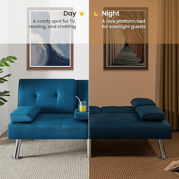 Yaheetech Convertible Sofa Bed Adjustable Fabric Couch Sleeper Modern Recliner Reversible Loveseat Folding Daybed Guest Bed, Removable Armrests, Cup Holders, 3 Angles, 772lb Capacity, Aqua Blue