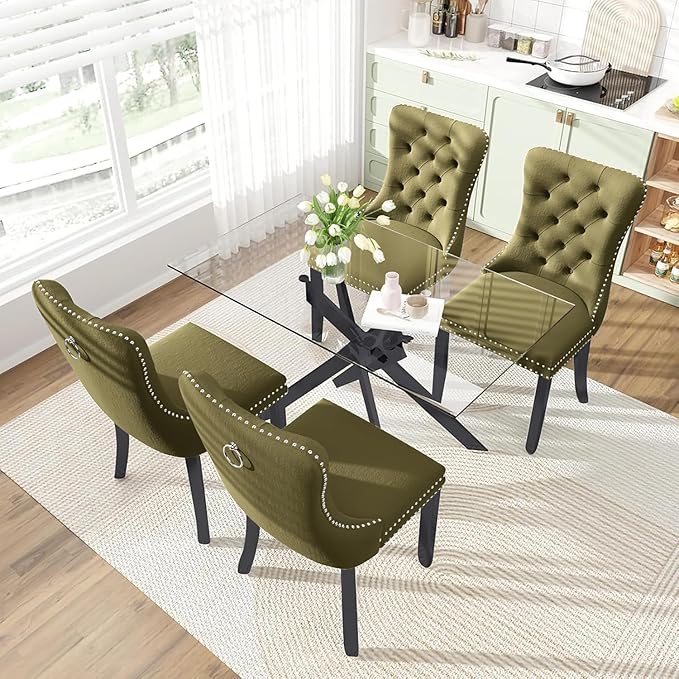 51 Inch Glass Dining Table Set for 4, Rectangular Glass Kitchen Table with 4 Upholstered Velvet Accent Chairs, 5 Piece Modern Dining Room Set, for Home, Apartment, Small Spaces -- Olive Green Black