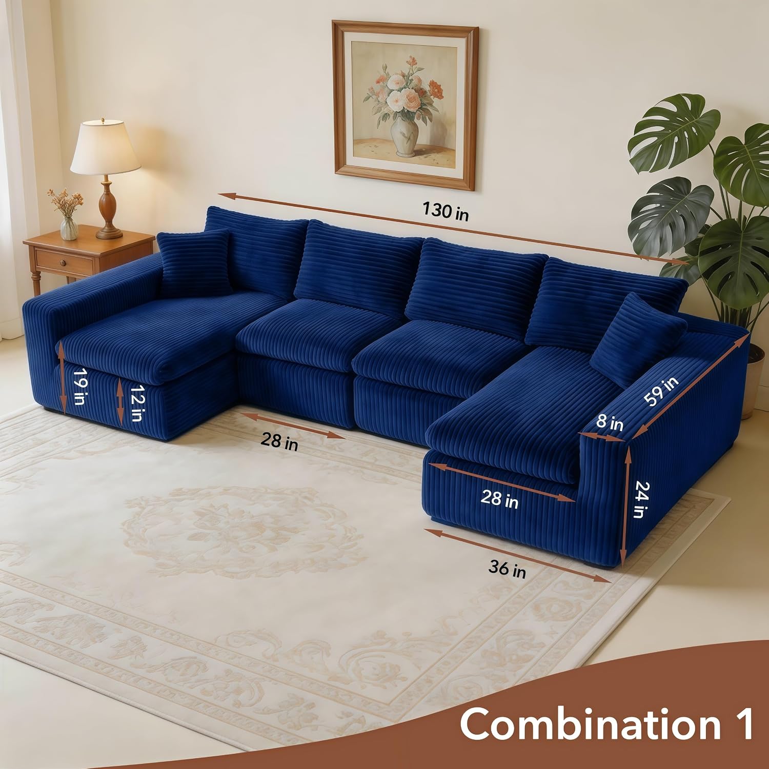 THSUPER 130'' Oversized U Shaped Deep Seat Boneless Sectional Couch. Blue | 6-Seat Plush Corduroy Cloud Sofa, No Assembly Required, 19" Extra-High Seat, 10-Year Durability, Memory Foam