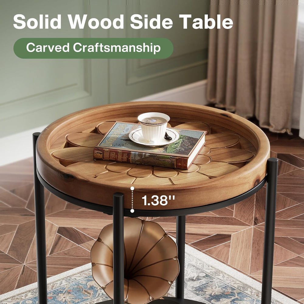 Tribesigns Round Side Table, 2-Tier End Table with Solid Wood and Metal, Indu...
