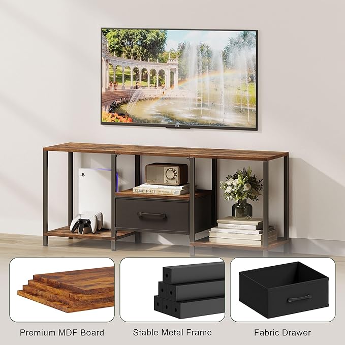 TV Stand with Fabric Drawer for 55 Inch TV, Entertainment Center with Open Sh...