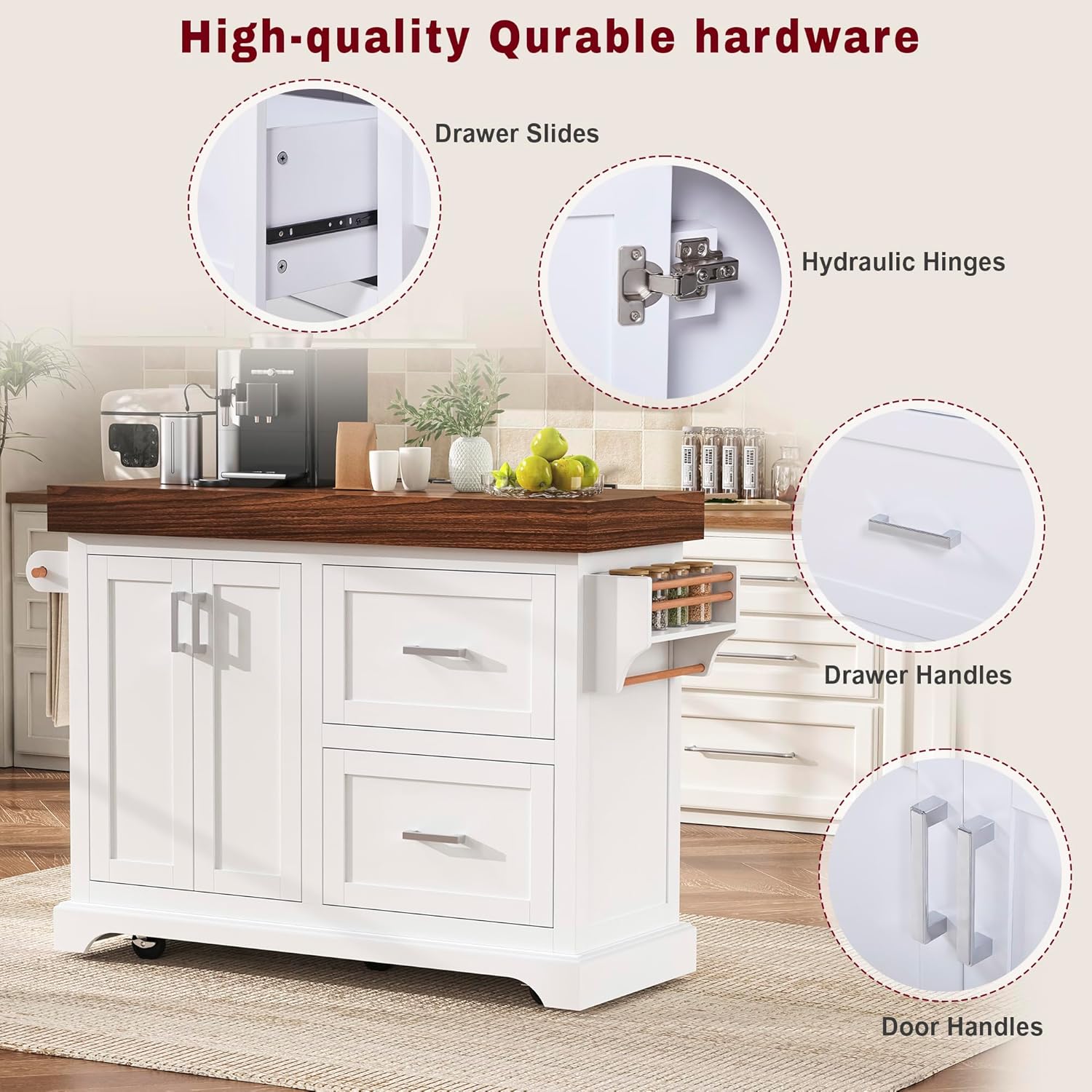 53" Large Kitchen Island with 3.5" Thick Desktop, Spice and Towel Racks, Rolling Kitchen Island with Storage on 5 Wheels, 2 Extra-Large Drawers, for Home, Kitchen, Dining Room, White