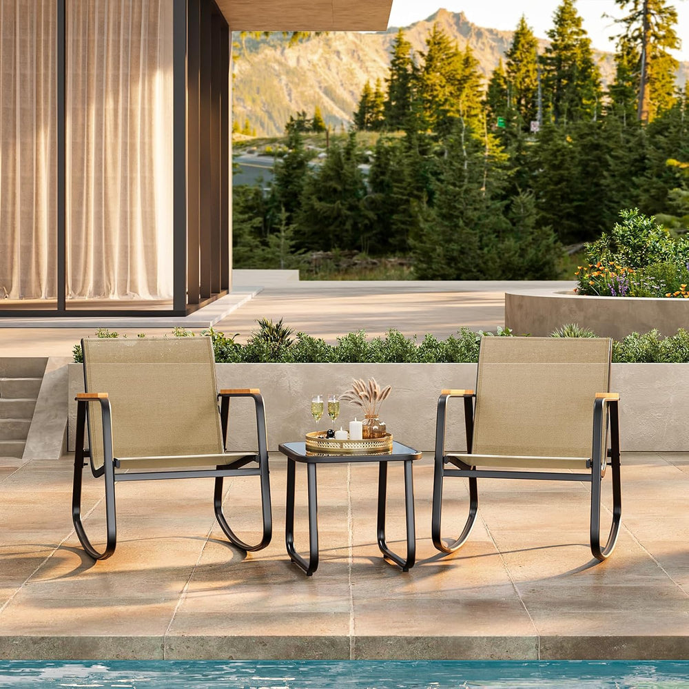 Ahomly 3-Piece Outdoor Rocking Bistro Set, Patio Set Textilene, Brown