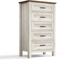 LINSY HOME Tall Dresser for Bedroom with 5 Drawers, 45" Tall Dressers & Chests of Drawers, Modern Farmhouse Large Vertical Dresser with Wood Legs for Bedroom, Closet, Living Room, Hallway, Beige