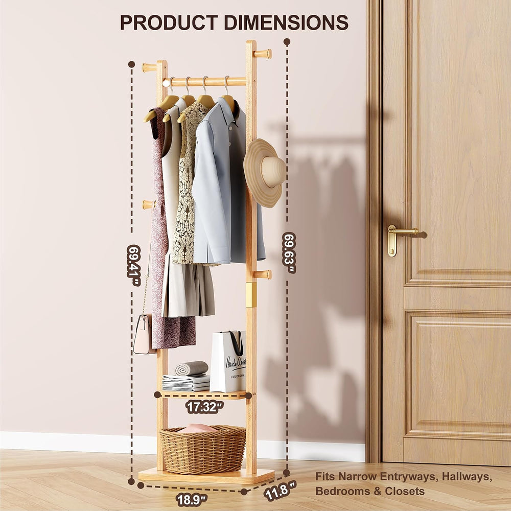 Solid Wood Coat Rack Freestanding, Clothing Rack with 5 Hooks & Bottom Sh...