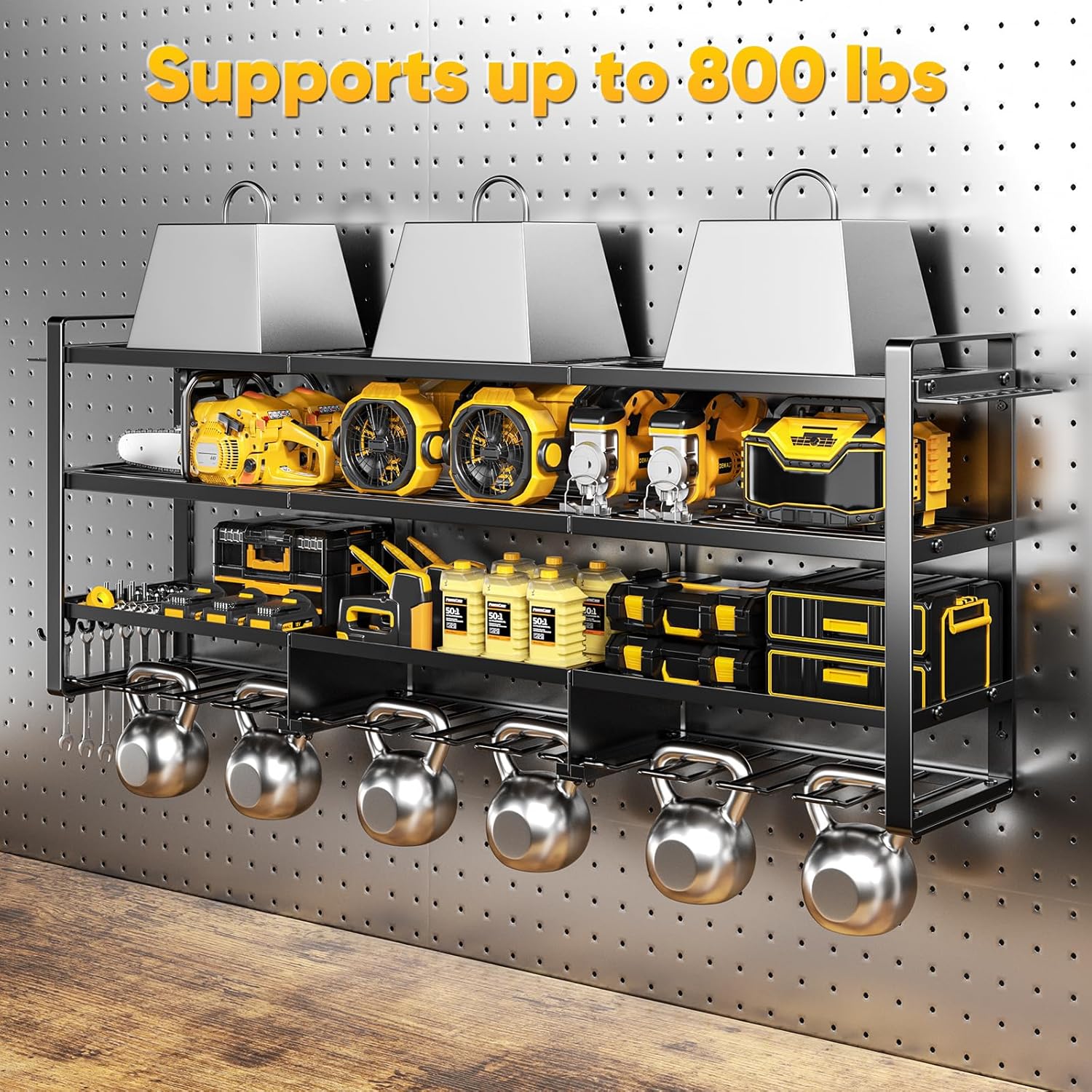 49.5" W Large Power Tool Organizer Wall Mount with Charging Station, 4 Tier Heavy Duty 12 Cordless Drills Holder Load 800 lb, Tool Battery Storage Rack Built in 8 Outlet Power Strip for Garage