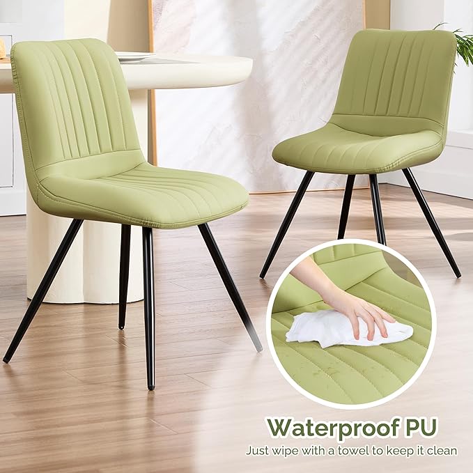Dining Chairs Set of 2, Modern Dining Chairs with Thick Cushions, PU Leather Upholstered Kitchen Dining Room Chairs with Metal Legs for Dining Living Room (Green)