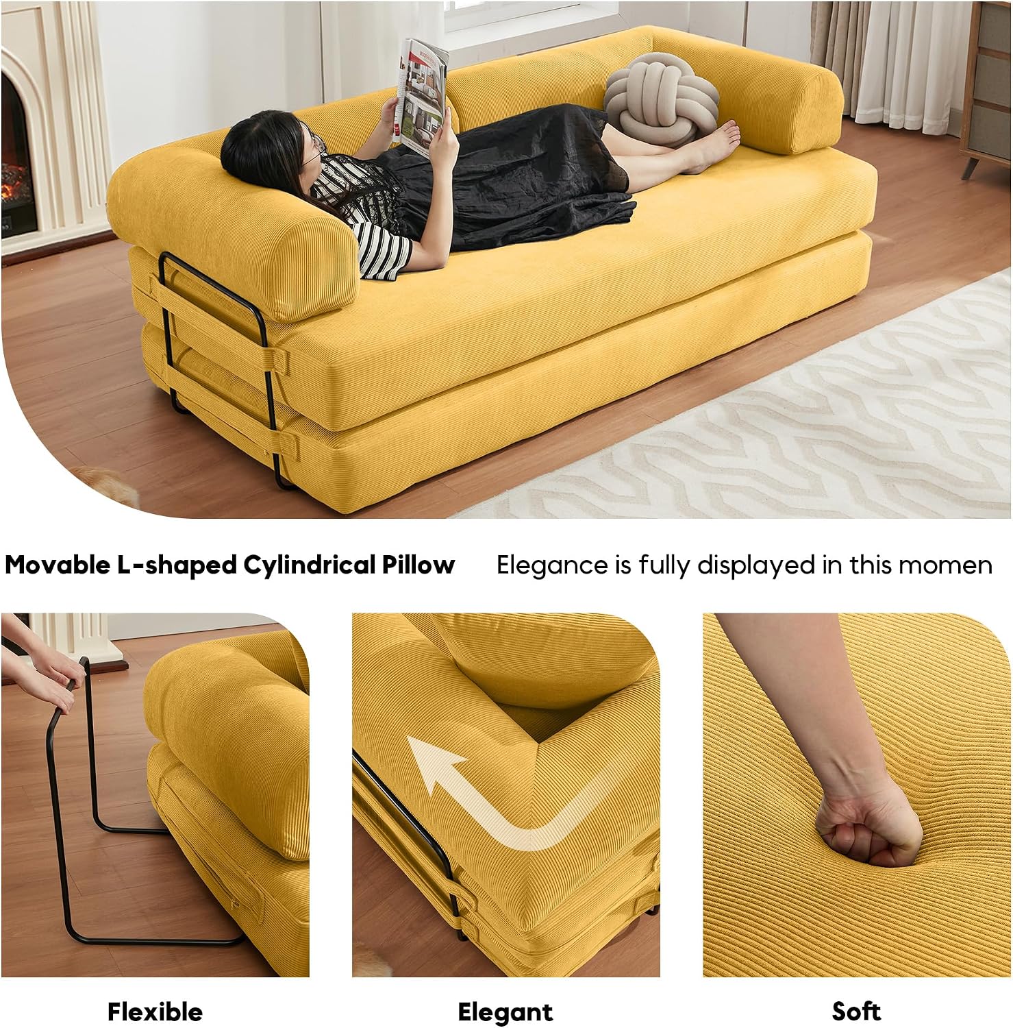 ZEIINPA Convertible Floor Sofa Bed with Fixed-Shape Frame, Modular Corduroy Folding Mattress Couch with Armrest, Floor Sofa Lounge Couch for Living Room Bedroom Lounge Studio -Yellow