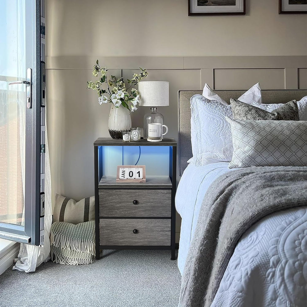 BOLUO Gray Nightstand with Charging Station, LED Night Stand with 2 Fabric Dr...