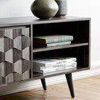 Bme Georgina 65-Inch Solid Acacia Wood TV Stand, Quick Assembly Entertainment Center with Storage, Geometric Pattern Console for Living Room, Bedroom, and Dining Room, Mocha