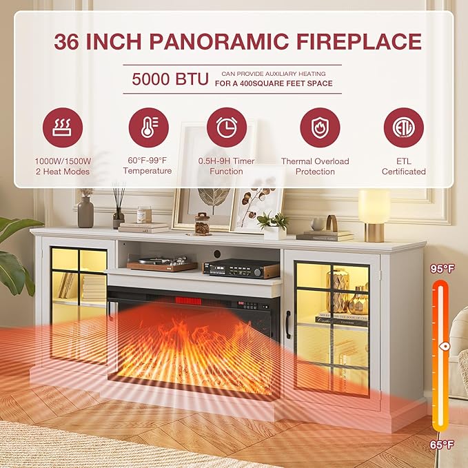 oneinmil 80'' Fireplace TV Stand with 3-Sided Glass, TV Cabinet for TVs up to 85", 80'' Modern Media Entertainment Center with Farmhouse Glass Door Storage Cabinets