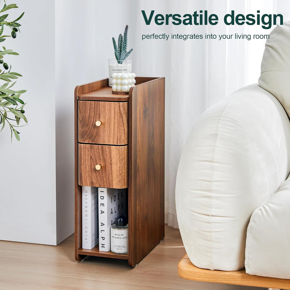 Narrow End Table Bedroom, Wooden Small 2 Drawer Nightstand, Thin Couch Side E...