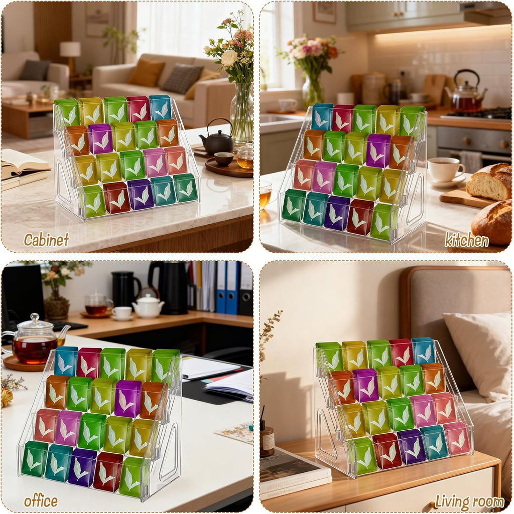 Tea Bag Organizer Display Stand, 4 Tier Clear Acrylic Tea Packet Storage Holder for Kitchen Countertop Cabinet Pantry Office Tea Bag, Coffee, Sugar Packets, Creamers Organization