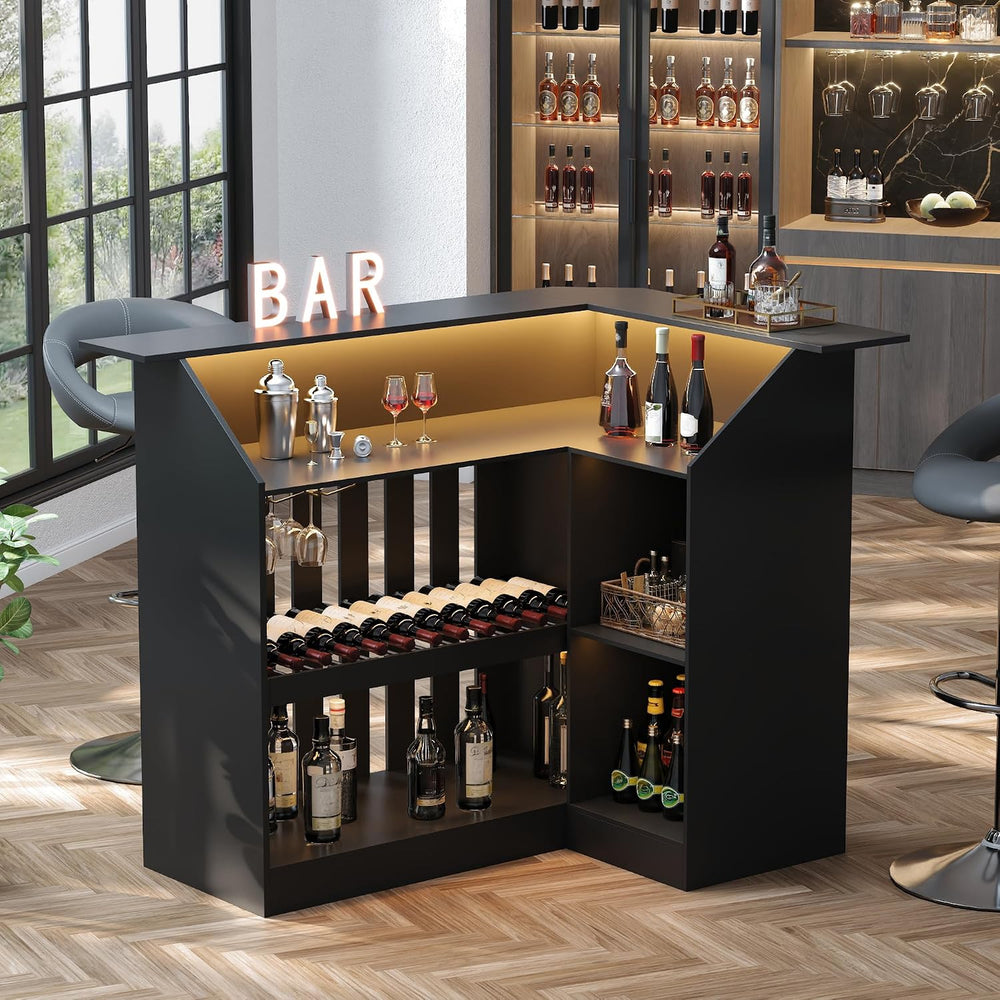 L Shaped Bar Table with LED Light, 4-Tier Corner Wine Bar Cabinet with Stemwa...