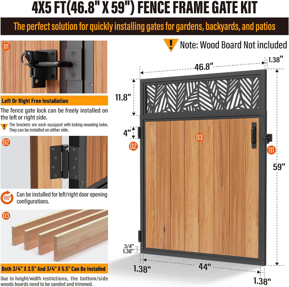 4x5FT Fence Gate Frame Kit 201 Stainless Steel Heavy Duty Garden Gates Anti-S...