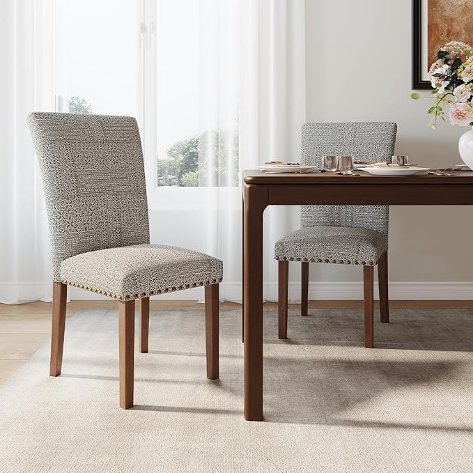 Stylish Dining Chairs Set of 2, Upholstered Parsons Dining Room Chair with Nailhead Trim, Kitchen Room Chair with Thick Cushions and Wood Legs, Nailhead Trim, SKY2383