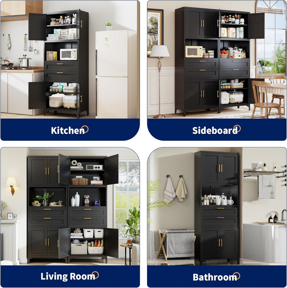 75” Tall Kitchen Pantry Storage Cabinet, Metal Storage Cabinet with 2 Drawers...