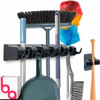 Combo 5 Slot Broom Holder w/ 1 Self Adhesive Mop Gripper No-Drilling, Wall Mount Tool Organizers For Kitchen, Garage, Laundry Room- Anti-Slip Hanger For Brooms, Mops, Rakes, Dustpans (Black / Black)