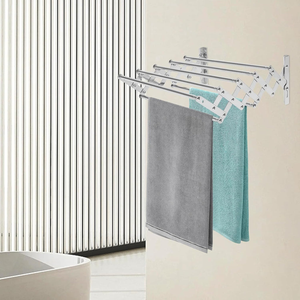 Wall Mounted Laundry Drying Rack, Retractable Clothes Drying Rack with Stable Base, Stretching Back, Forth, Left, Right, Folding Clothing Collapsible for Clothes Hanging