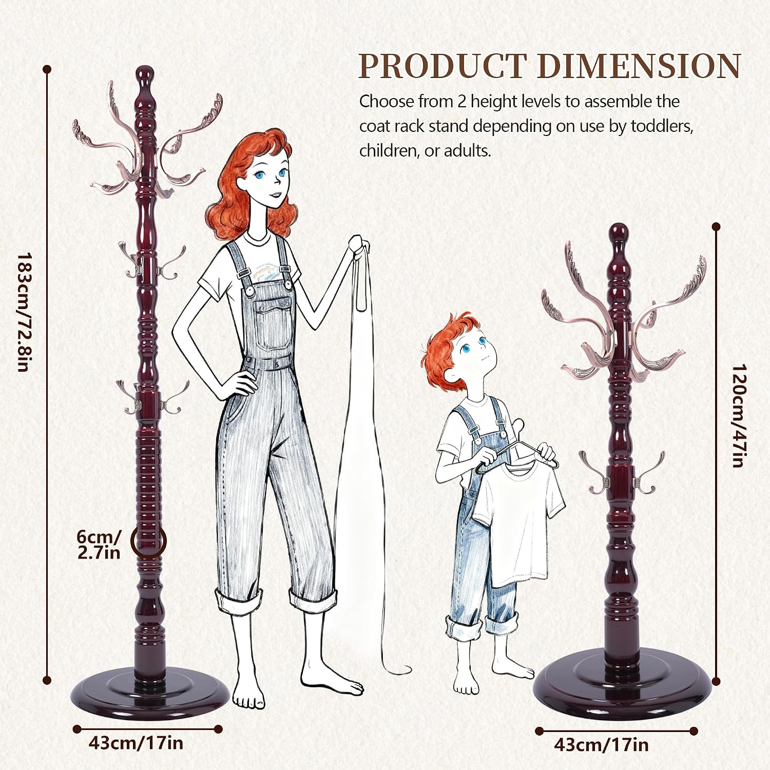 Wooden Coat Rack Freestanding, Vintage Solid Coat Hanger Stand 20 Hooks, Coat Tree Adjustable Height 73", Round Base, Coat Racks free standing for Entryway Hallway, Porch, Bedroom