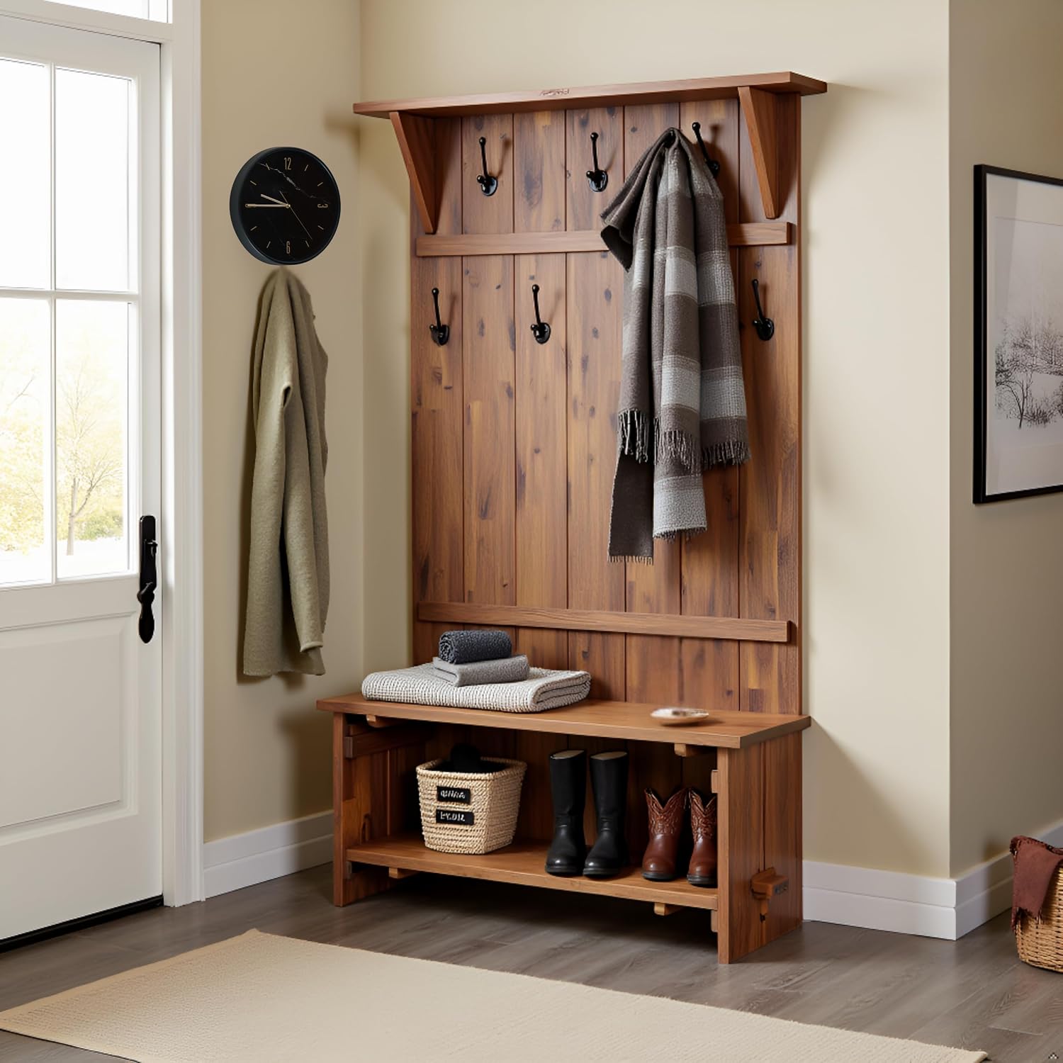 Alaterre Bethel Rustic Solid Wood Entryway Hall Tree with Bench, Natural | 70” Modern Farmhouse Entryway Organizer with Shoe Storage Bench and Coat Hooks, Natural Aged Brown, for Jackets, Shoes & Bags