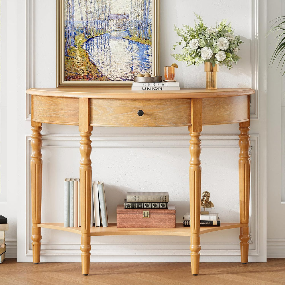 LKTART Vintage Half Moon Console Table with Solid Pinewood Frame & Legs, ...