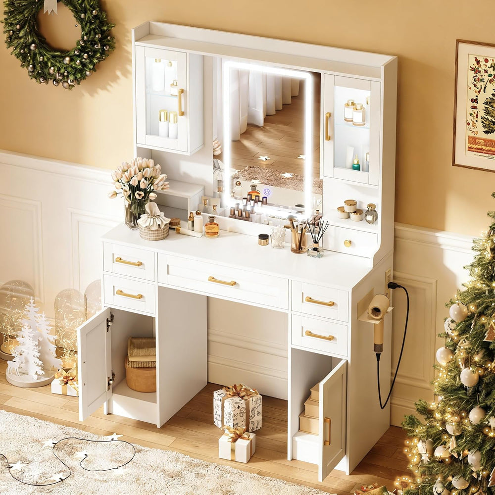 KAMABOKO Vanity Desk with Mirror and LED Lights & Power Outlet | Large Ma...