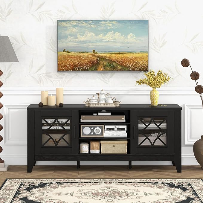 Giantex Farmhouse TV Stand for TVs up to 65", Entertainment Center with 4 Adjustable Storage Shelves & Tempered Glass Doors, Modern TV Console Table for Bedroom, Living Room