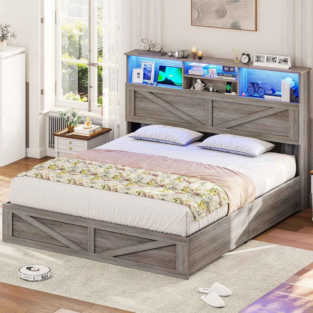 VIAGDO Farmhouse Bed Frame Full Size with Bookcase Storage Headboard, Chargin...