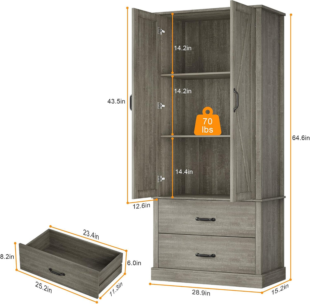 Farmhouse Kitchen Pantry Cabinet with Classic Barn Doors – Freestanding Stora...