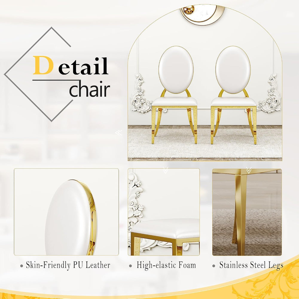 70" Marble Dining Table Set for 6 Gold Base with Kitchen Chairs | Faux M...
