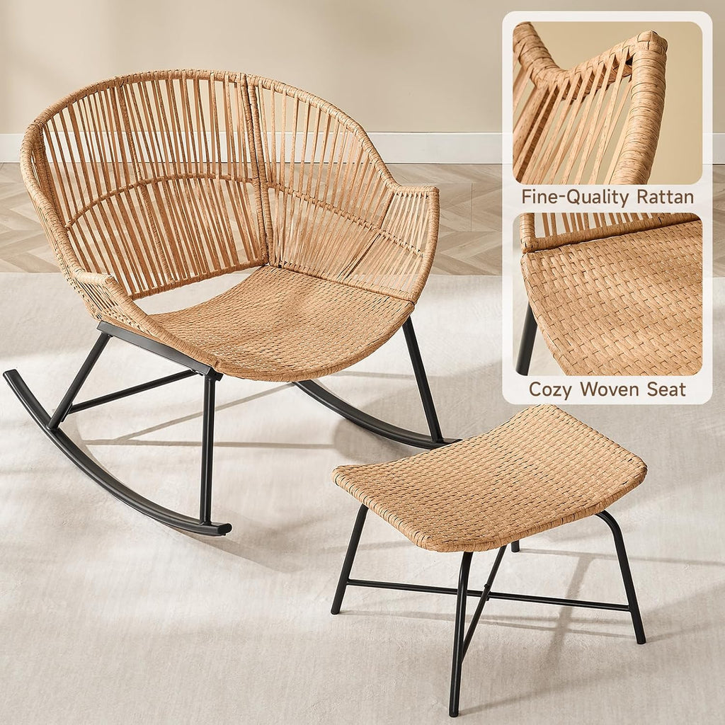 ONBRILL Papasan Rocking Chair with Ottoman, Oversized Papasan Chair, Beige | Indoor & Outdoor Rocker Chair with Padded Cushion for Living Room, Patio, Garden