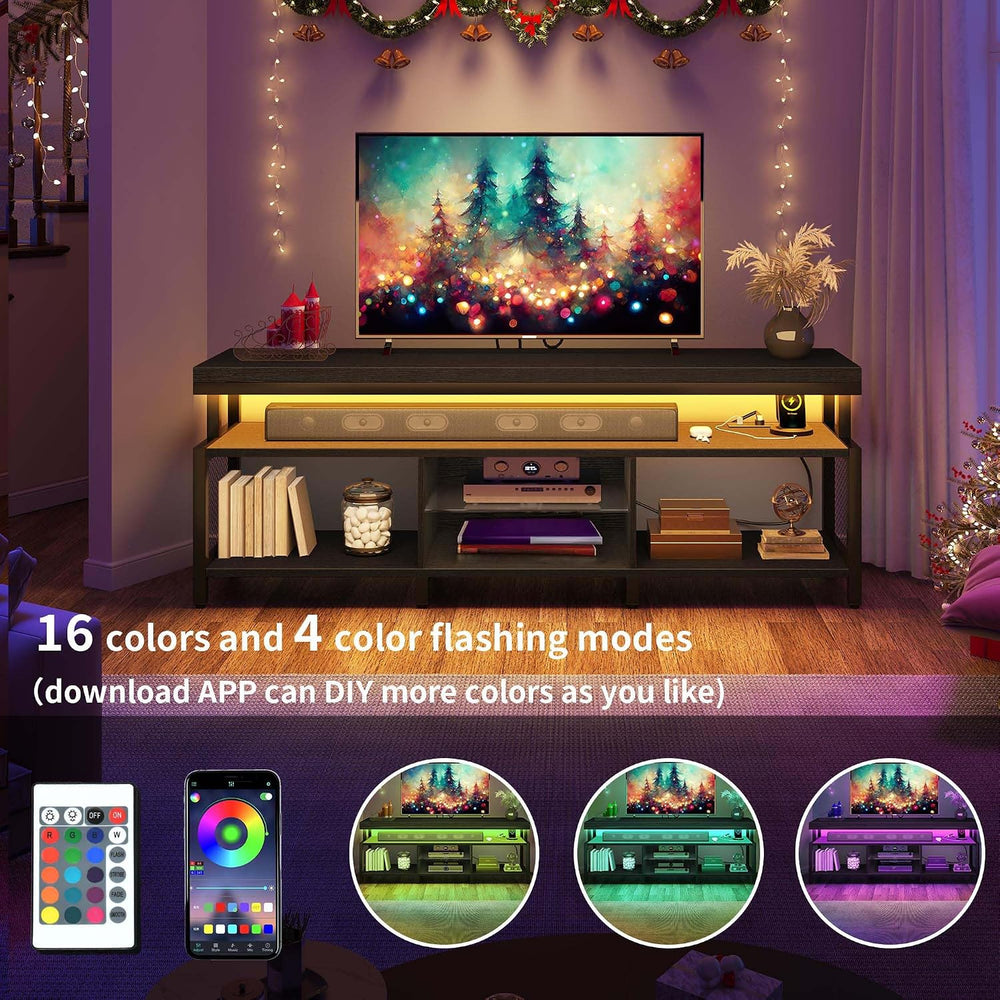 YITAHOME LED Industrial TV Stand with Power Outlets, Living Room, Black | Ent...