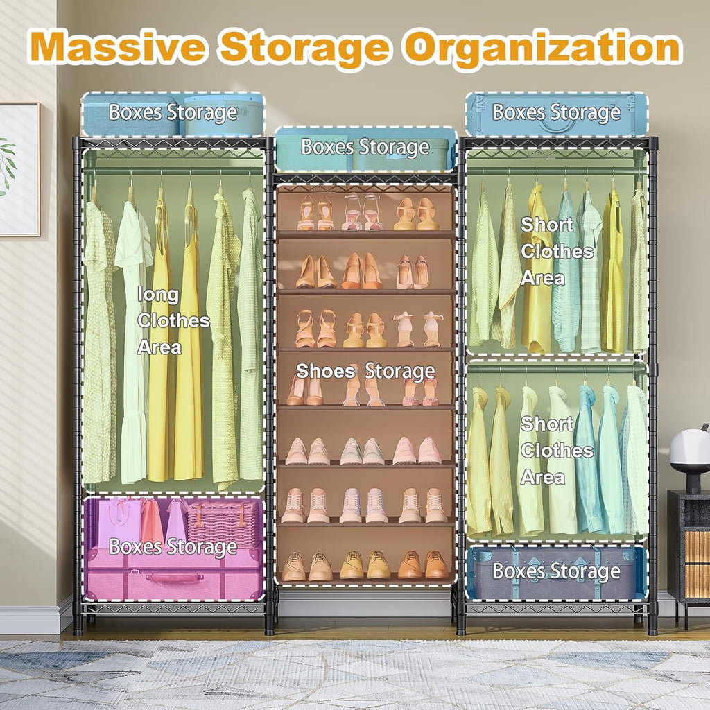 E16 Heavy Duty Clothing Rack（with 7-Tier Adjustable Shoe Rack） Freestanding Clothes Rack for Hanging Clothes，Metal Closet Storage Organizer Large Wardrobe，69'' W x 15.8'' D x 76.2'' H，Black