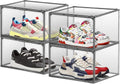 4 Pack Grey Large Shoe Storage Boxes Clear Plastic Stackable Shoe Display Case with Magnetic Door, Easy Assembly Fit up to US Size 13