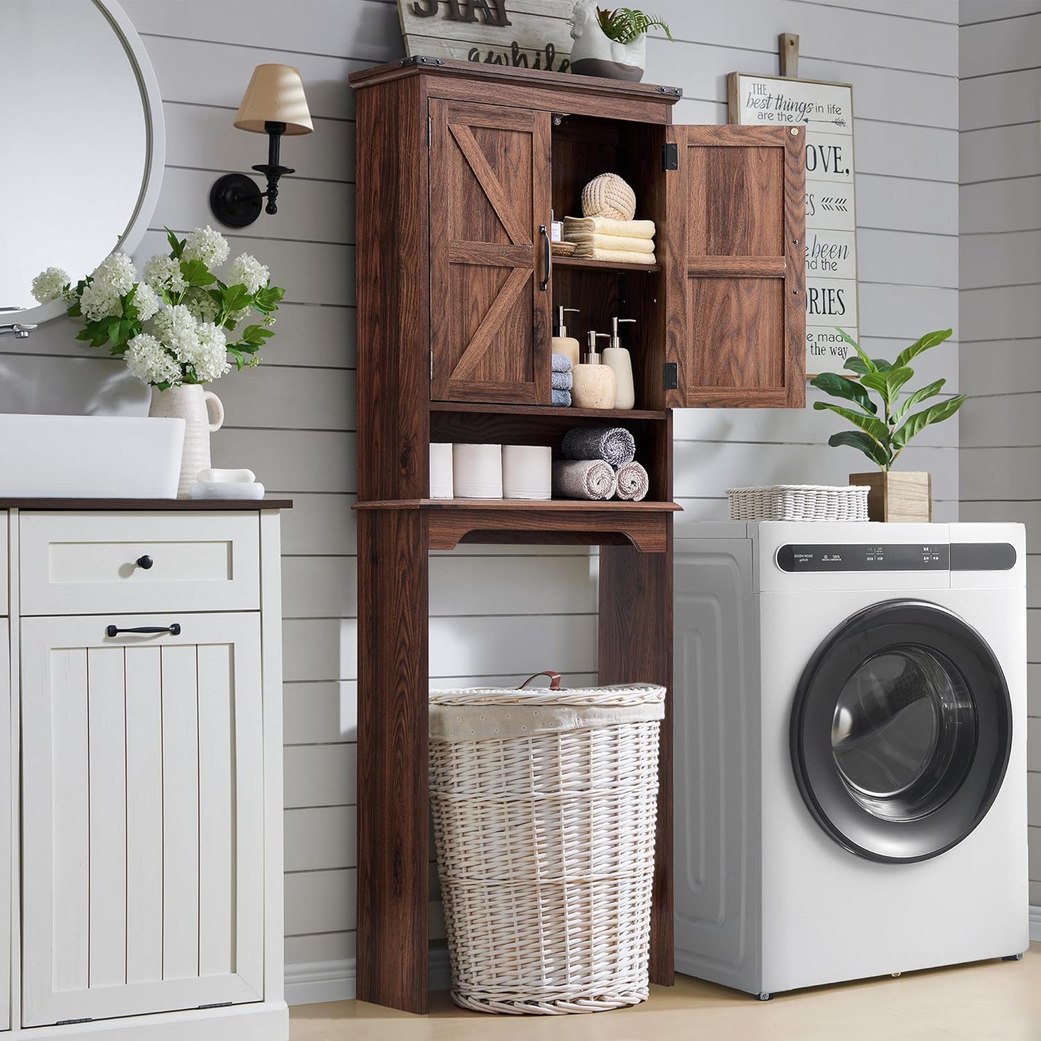 ACCOHOHO Over The Toilet Storage Cabinet, Farmhouse Bathroom Cabinet with Adjustable Shelf & Barn Door, 67" Tall Over The Toilet Shelf, Brown