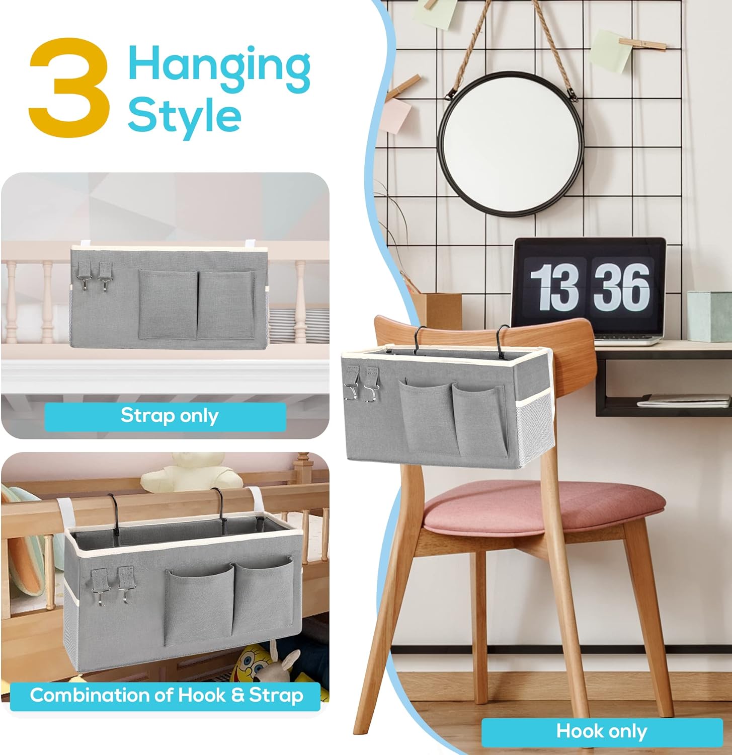 2pcs Bedside Caddy Hanging Storage Bag, Organizer Baskets with Pockets for Bunk Bed Shelf and Hospital Beds, Loft & Dorm Rooms Chair Bed Rails Accessories (Bedside bag-Riceball)